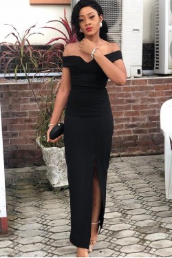 Sheath Black Off-the-Shoulder Prom Dresses Formal Evening Gowns 601834