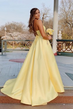 A-Line Spaghetti Straps V-Neck Long Prom Dresses Formal Evening Gowns With Pockets 601835