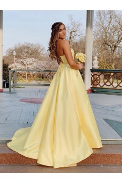 A-Line Spaghetti Straps V-Neck Long Prom Dresses Formal Evening Gowns With Pockets 601835