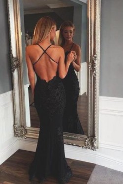 Long Black Lace Spaghetti Straps Prom Dresses Formal Evening Gowns 601838