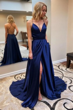 A-Line Spaghetti Straps V-Neck Long Prom Dresses Formal Evening Gowns 601839