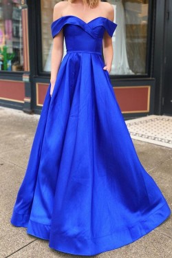 A-Line Off-the-Shoulder Royal Blue Long Prom Dresses Formal Evening Gowns 601842