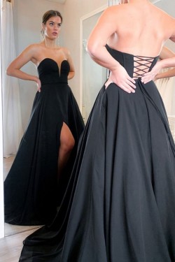 A-Line Sweetheart Long Black Prom Dresses Formal Evening Gowns 601845
