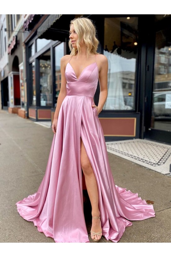 A-Line Spaghetti Straps V-Neck Long Prom Dresses Formal Evening Gowns with Pockets 601847 A-Line Spaghetti Straps V-Neck Long Prom Dresses Formal Evening Gowns with Pockets 601847