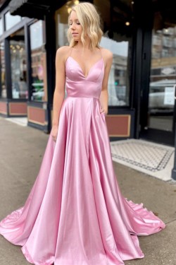 A-Line Spaghetti Straps V-Neck Long Prom Dresses Formal Evening Gowns with Pockets 601847