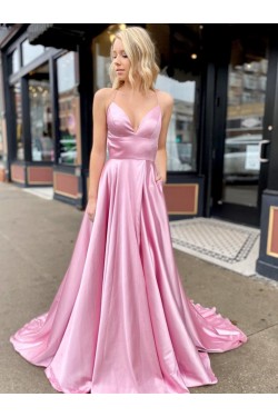 A-Line Spaghetti Straps V-Neck Long Prom Dresses Formal Evening Gowns with Pockets 601847