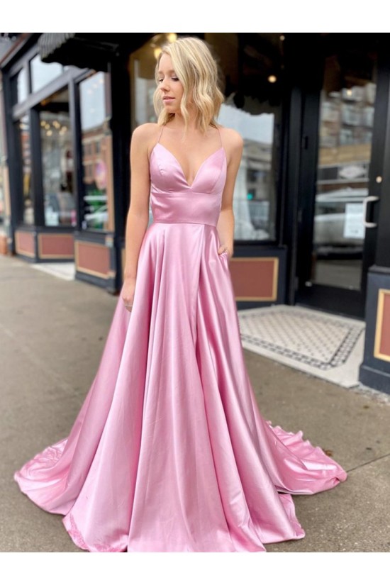 A-Line Spaghetti Straps V-Neck Long Prom Dresses Formal Evening Gowns with Pockets 601847 A-Line Spaghetti Straps V-Neck Long Prom Dresses Formal Evening Gowns with Pockets 601847