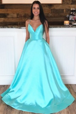 A-Line Spaghetti Straps V-Neck Long Prom Dresses Formal Evening Gowns with Pockets 601848