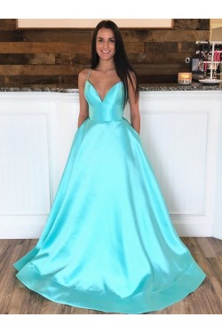 A-Line Spaghetti Straps V-Neck Long Prom Dresses Formal Evening Gowns with Pockets 601848