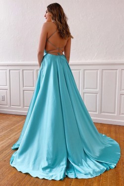 A-Line Spaghetti Straps V-Neck Long Prom Dresses Formal Evening Gowns with Pockets 601850