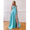 A-Line Spaghetti Straps V-Neck Long Prom Dresses Formal Evening Gowns with Pockets 601850