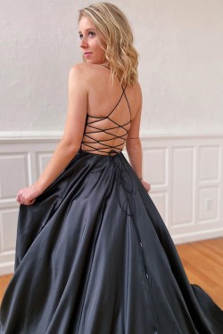 A-Line Spaghetti Straps V-Neck Long Black Prom Dresses Formal Evening Gowns 601852