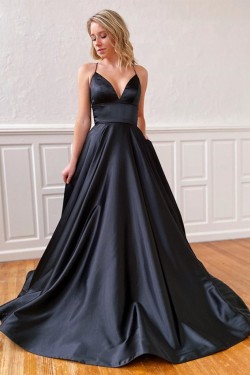 A-Line Spaghetti Straps V-Neck Long Black Prom Dresses Formal Evening Gowns 601852