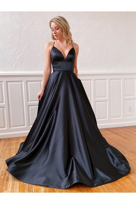 A-Line Spaghetti Straps V-Neck Long Black Prom Dresses Formal Evening Gowns 601852 A-Line Spaghetti Straps V-Neck Long Black Prom Dresses Formal Evening Gowns 601852