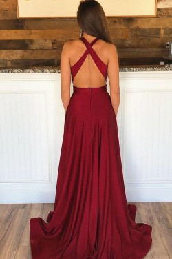 A-Line Deep V-Neck Long Prom Dresses Formal Evening Gowns with Side Slit 601856