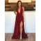A-Line Deep V-Neck Long Prom Dresses Formal Evening Gowns with Side Slit 601856