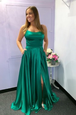 A-Line Spaghetti Straps Long Green Prom Dresses Formal Evening Gowns 601857