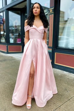 A-Line Off-the-Shoulder Long Prom Dresses Formal Evening Gowns with Pockets 601860