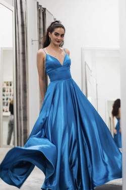 A-Line V-Neck Long Prom Dresses Formal Evening Gowns 601864