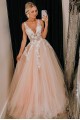 A-Line Sleeveless V-Neck Tulle Long Prom Dresses Formal Evening Gowns 601869