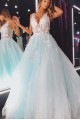 A-Line Sleeveless V-Neck Tulle Long Prom Dresses Formal Evening Gowns 601869