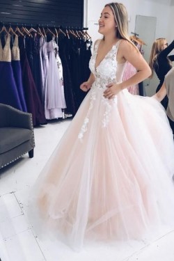 A-Line Sleeveless V-Neck Tulle Long Prom Dresses Formal Evening Gowns 601869
