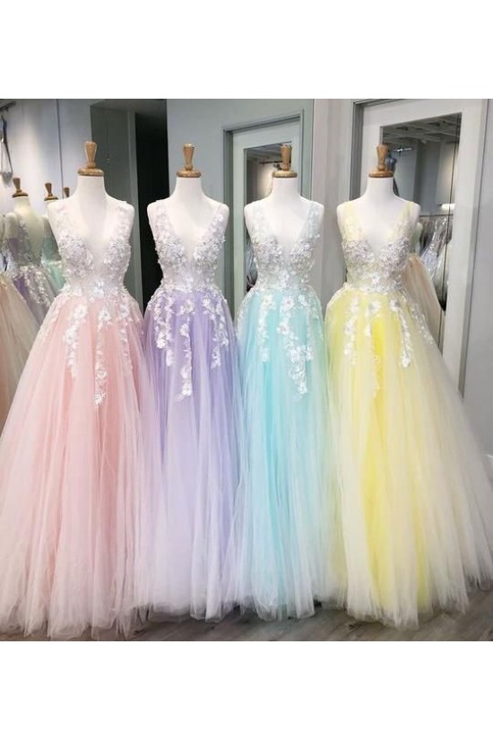 A-Line Sleeveless V-Neck Tulle Long Prom Dresses Formal Evening Gowns 601869