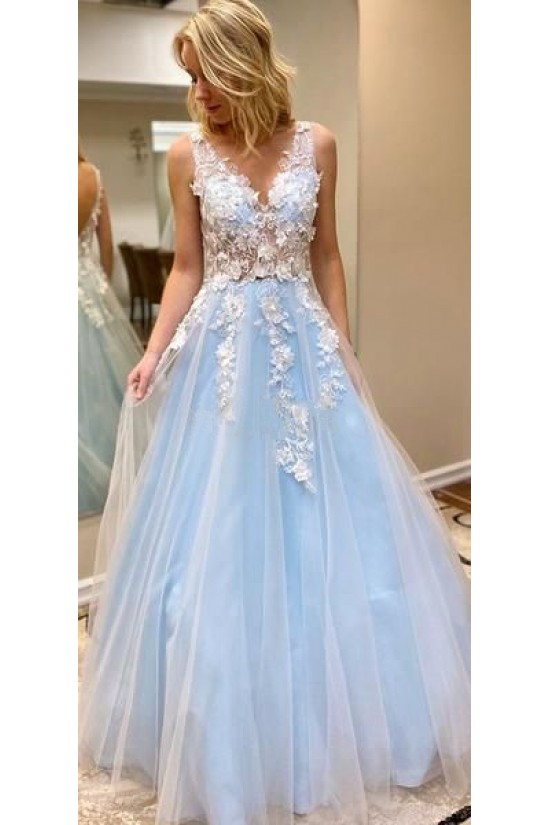 A-Line Sleeveless V-Neck Tulle Long Prom Dresses Formal Evening Gowns 601869