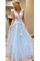 A-Line Sleeveless V-Neck Tulle Long Prom Dresses Formal Evening Gowns 601869