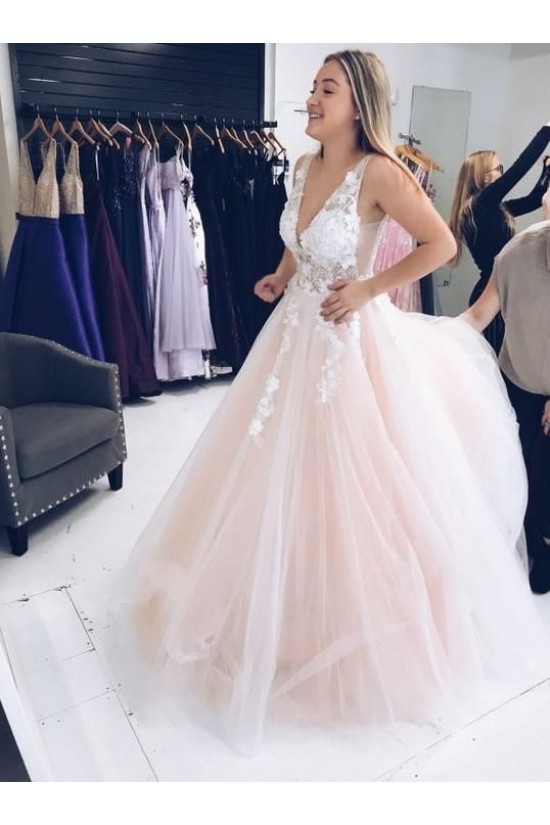 A-Line Sleeveless V-Neck Tulle Long Prom Dresses Formal Evening Gowns 601869