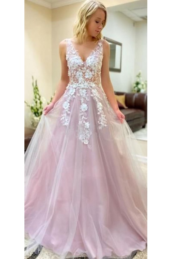 A-Line Sleeveless V-Neck Tulle Long Prom Dresses Formal Evening Gowns 601869