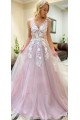 A-Line Sleeveless V-Neck Tulle Long Prom Dresses Formal Evening Gowns 601869