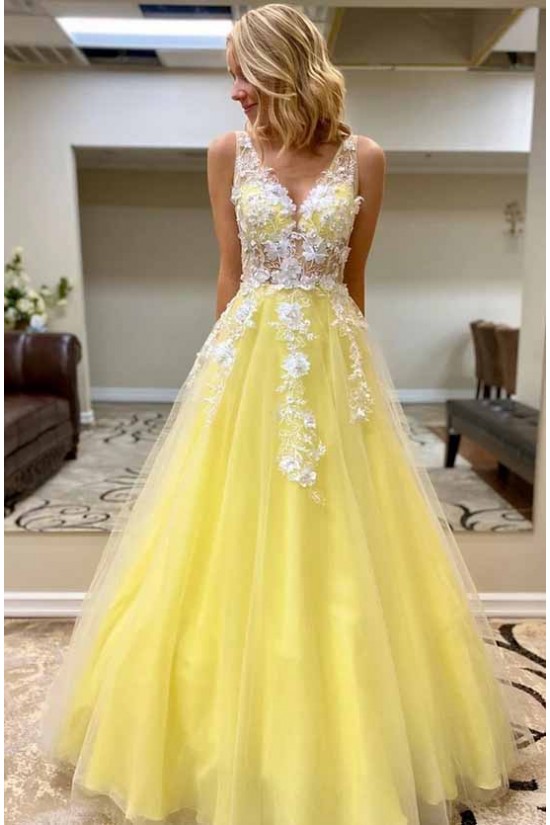 A-Line Sleeveless V-Neck Tulle Long Prom Dresses Formal Evening Gowns 601869