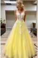 A-Line Sleeveless V-Neck Tulle Long Prom Dresses Formal Evening Gowns 601869