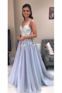 Elegant A-Line Tulle Long Prom Dresses Formal Evening Gowns 601872