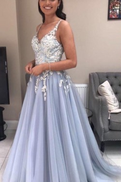 Elegant A-Line Tulle Long Prom Dresses Formal Evening Gowns 601872