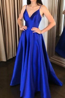 A-Line V-Neck Royal Blue Long Prom Dresses Formal Evening Gowns 601875