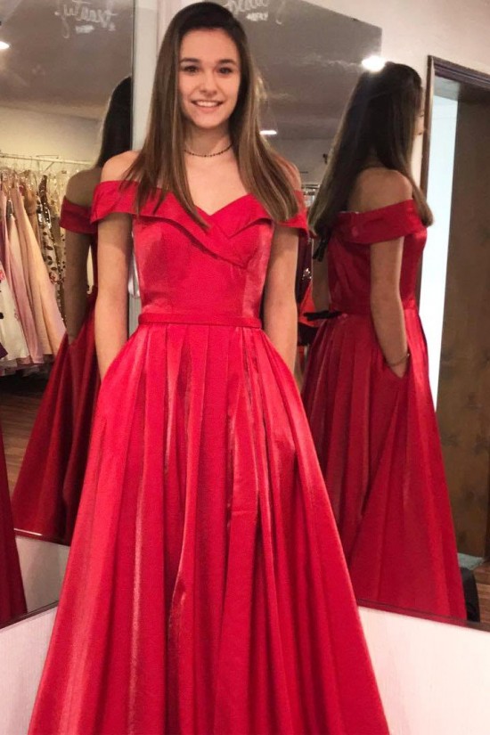 A-Line Off-the-Shoulder Long Prom Dresses Formal Evening Gowns With Pockets 601879