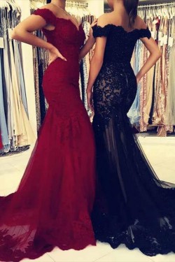 Mermaid Off-the-Shoulder Lace Long Prom Dresses Formal Evening Gowns 601880