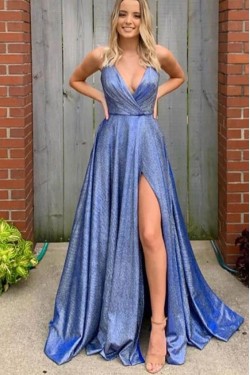 A-Line V-Neck Long Prom Dresses Formal Evening Gowns 601881