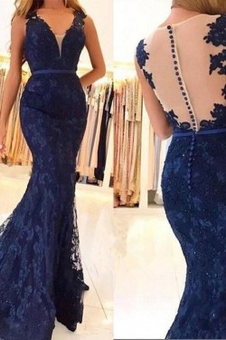 Mermaid Lace V-Neck Long Prom Dresses Formal Evening Gowns 601888