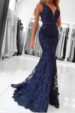 Mermaid Lace V-Neck Long Prom Dresses Formal Evening Gowns 601888