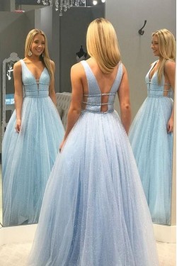 A-Line Tulle V-Neck Long Prom Dresses Formal Evening Gowns 601890