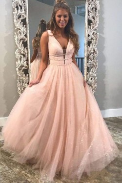 A-Line Tulle V-Neck Long Prom Dresses Formal Evening Gowns 601890
