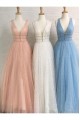 A-Line Tulle V-Neck Long Prom Dresses Formal Evening Gowns 601890