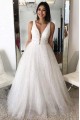 A-Line Tulle V-Neck Long Prom Dresses Formal Evening Gowns 601890