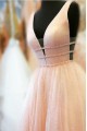 A-Line Tulle V-Neck Long Prom Dresses Formal Evening Gowns 601890