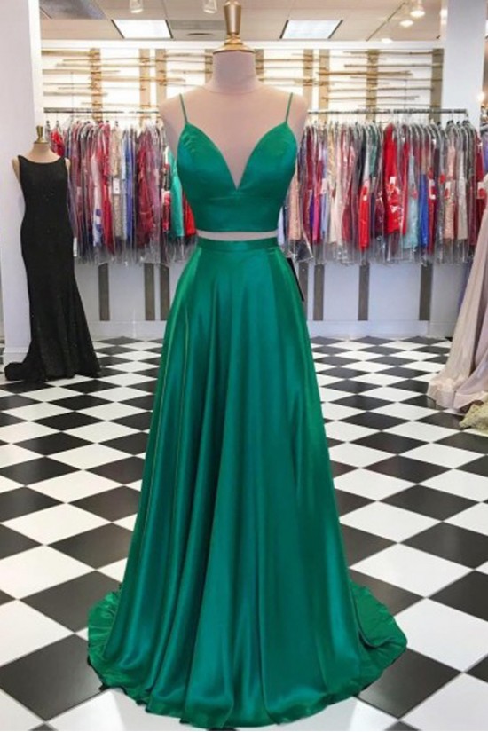 A-Line Two Pieces Green Long Prom Dresses Formal Evening Gowns 601892