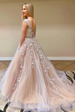 A-Line Beaded Lace Long Prom Dresses Formal Evening Gowns 601893