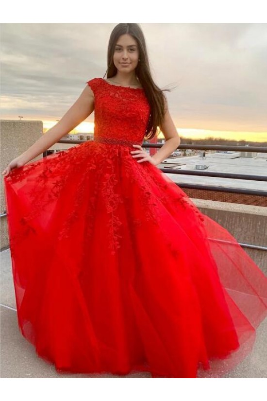 A-Line Beaded Lace Long Prom Dresses Formal Evening Gowns 601893